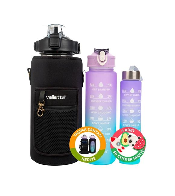Valletta VLT1220 Eldorado Figo 3lü Set Motivasyonel Su Matarası Siyah Çantalı(2000ml-750ml-300ml)