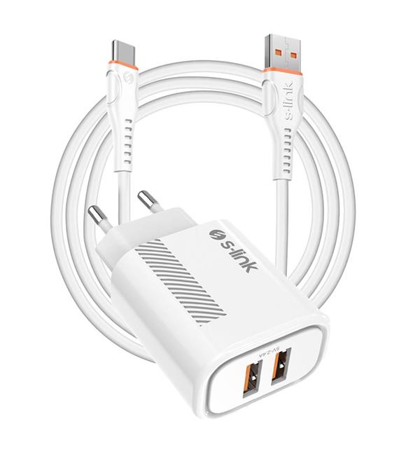 S-link SL-EC50 (SL-EC50T) 5V 2400MA Type-C Kablolu 2 USB Çıkışlı Beyaz Ev Şarj Adaptörü