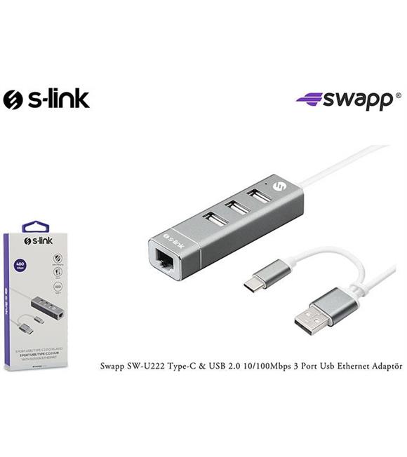 S-link Swapp SW-U222 Type-c Usb 2.0 10-100mbps 3 Port Usb Ethernet Adaptör