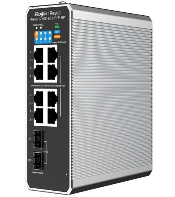 Ruijie RG-NIS2100-8GT2SFP-HP 8x10-100-1000 PoE+2xSFP Port IP40 Harici Güç Kaynağı Endüstriyel Switch