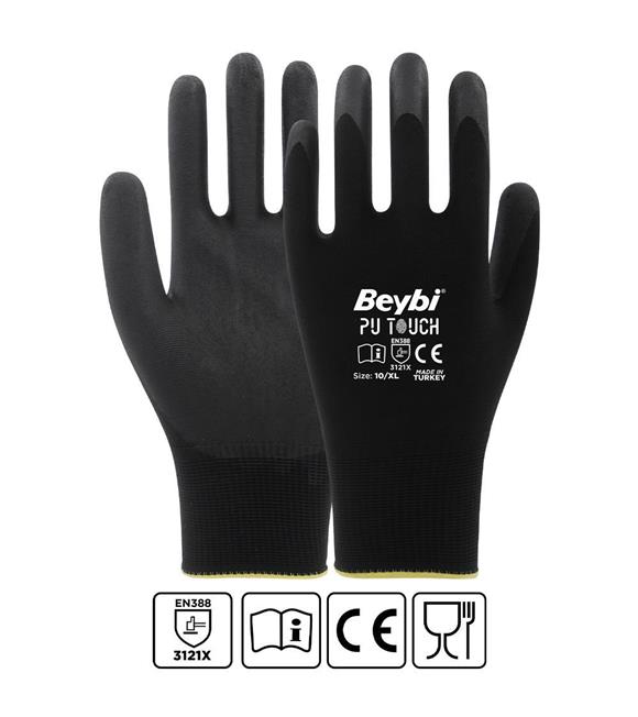 Beybi 7 Beden 12li Paket  Poliüretan Kaplı Pu Touch Siyah Montaj Eldiven  EN388 (3121X)