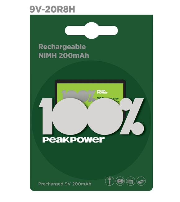 Peak Power 9V Şarjlı 200MAh Pil Tekli Paket 20R8HMTK-2U1