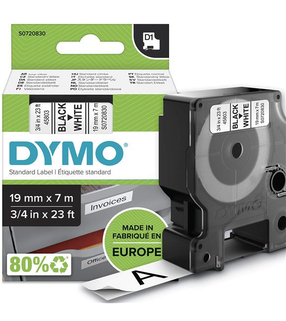 DYMO S0720830 D1 Yedek Şerit, 19 mm x 7 mt, Beyaz- Siyah (45803)