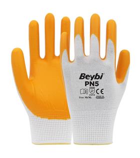 Beybi Nitril PMK PN5 Beyaz Sarı Örme Polyoster Nitril 10 Beden 12li Paket EN388 (3121X)
