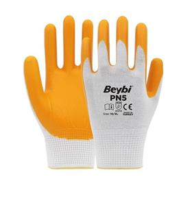 Beybi Nitril PMK PN5 Beyaz Sarı Örme Polyoster Nitril  9 Beden 12li Paket EN388 (3121X)