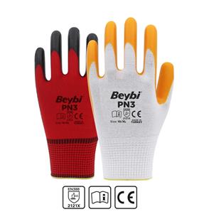 Beybi PN3 Beyaz Sarı 10 Beden Polyester Örme Nitril Eldiven 12li Paket EN388 (2121X)