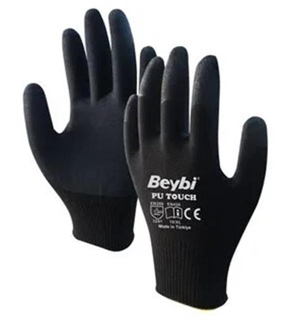 Beybi 9 Beden 12li Paket Poliüretan Kaplı Pu Touch Siyah Montaj Eldiven  EN388 (3121X)