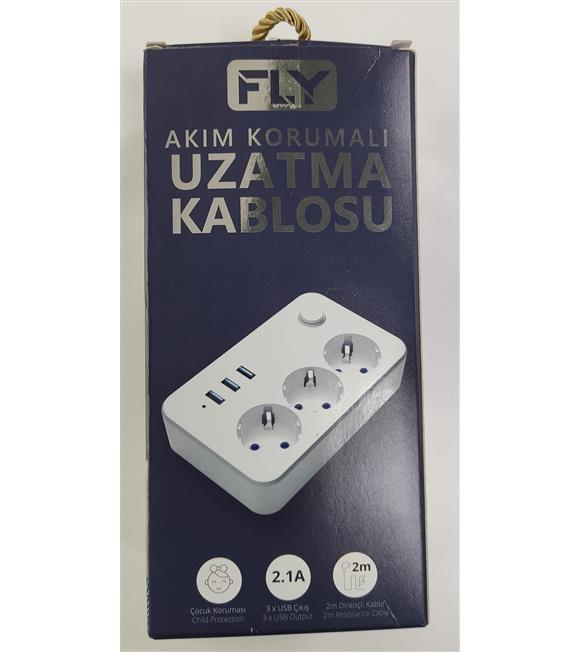 Fly 3406-01 3lü Anahtarlı 2.1A 3Usb Şarj Çıkışı 2mt Anahtarlı  Akım Korumalı Priz Çocuk Koruması