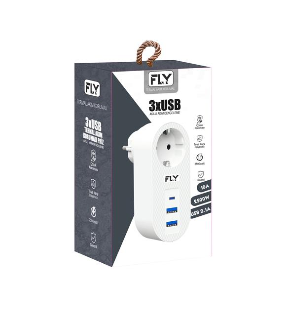 FLY-3400-01 Akım Korumalı.1 li Priz 2-Usba 1-C Soket 2.1A 10A 2500W