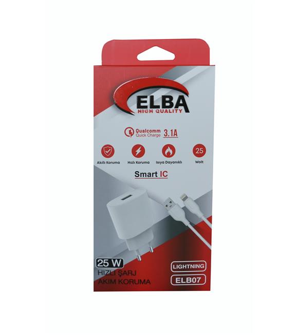 Elba ELB07-USB-25WIOS Beyaz 25W Usb Ev Şarj Kafa+ Usb 1mt Lightning Kablo QC4.0 Hızlı Şarj