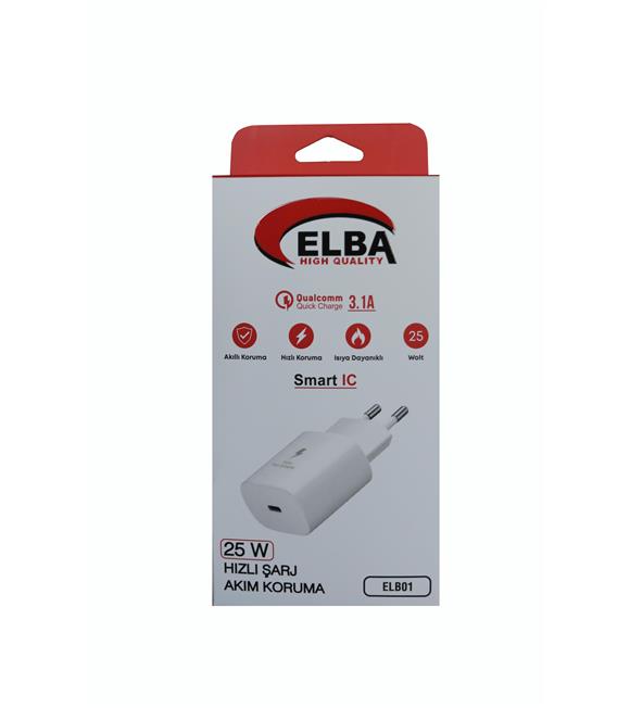 Elba ELB01-25WPD Beyaz 25W Şarj Kafa Type USB-C PD3.0-QC4.0(Akım Koruma-Hızlı Şarj-Isıya Dayanıklı)