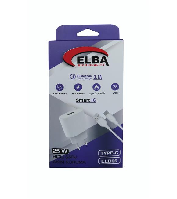 Elba ELB06-USB-25WTypc  Beyaz Usb 25W Şarj Kafa+1Mt Usb Type-c Kablo QC4.0 (Akım Koruma-Hızlı Şarj)