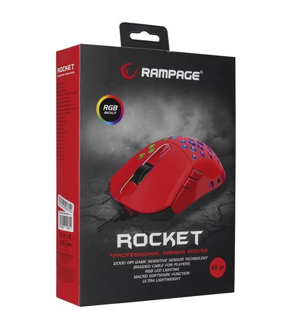 Rampage SMX-R66 ROCKET Ultra Hafif Kırmızı RGB Ledli 12000dpi Gaming Oyuncu Mouse_1