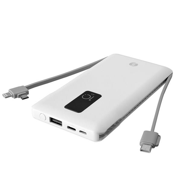 S-link IP-T100C 10000mAh Lightning+Micro+Type C Kablolu Powerbank Beyaz LCDli