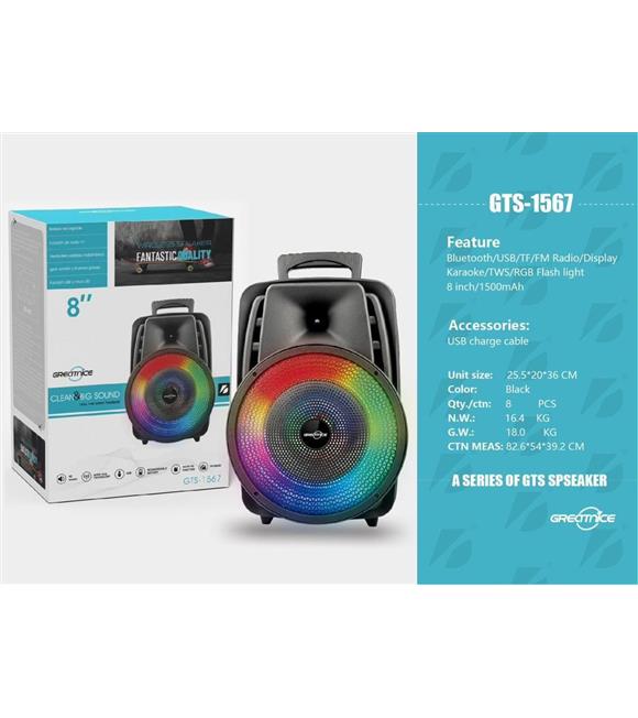 GTS-1567 8" Siyah Mikrofonlu Bleutooth-Fm-Usb Küçük El Anfisi RGB