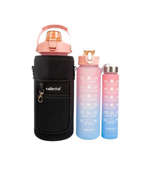 Valletta VLT1294 Eldorado 3lü Set  Motivasyonel Su Matarası Pembe(2000ml-750ml-300ml)Çantalı