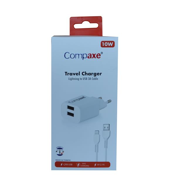 Compaxe CTA-521DIU 5v 2.1A 10W 2USB 1mt Usb 3.0 Ev Şarj Kafa + Lightning Şarj Kablosu