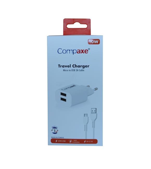 Compaxe CTA-521DMU 5v 2.1a 10W 2USB 1Mt Usb 3.0 Ev şarj+ Mikro Şarj Kablosu