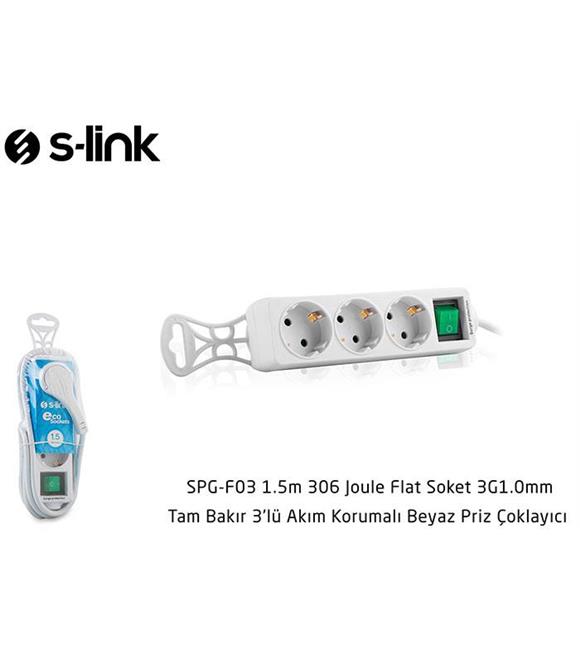 S-link SPG-F03 1.5m 306 Joule Flat Soket 3G1.0mm Tam Bakır 3 lü Akım Korumalı Priz Çoklayıcı