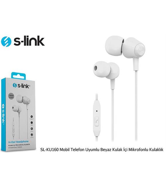 S-link SL-KU160 Mobil Telefon Uyumlu Beyaz Kulak İçi Mikrofonlu Kulaklık