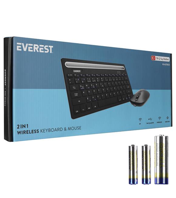 Everest KM-BT803 Siyah 3 in 1 BT 5.0+3.0+2.4Ghz 1600dpi Q Multimedia Kablosuz Klavye + Mouse Set_1