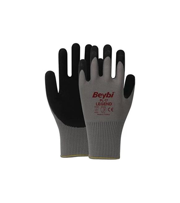 BEYBİ PL17 10 Beden Gri-Siyah 12li Paket Legend Polyester Örme Lateks Eldiven_1