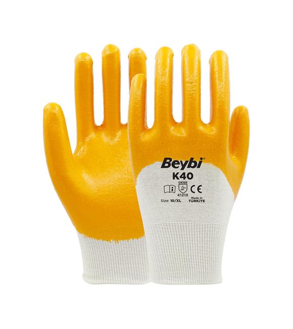 Beybi K40 Nitril PMK 10 Beden Nitril Kaplı Pamuk Eldiven 12li Paket (EN388 Değeri;4121X)