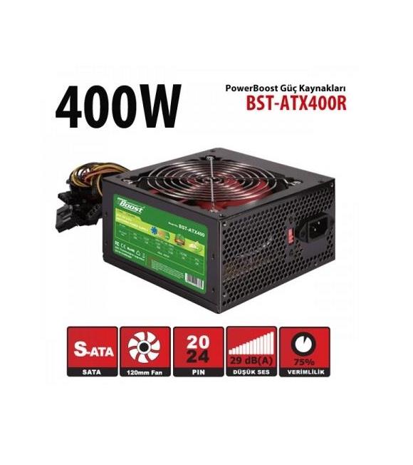 PowerBoost BST-ATX400R 400w, PPFC 12cm Siyah Fanlı ATX PSU Power kablo (Retail Box) Güç Kaynağı