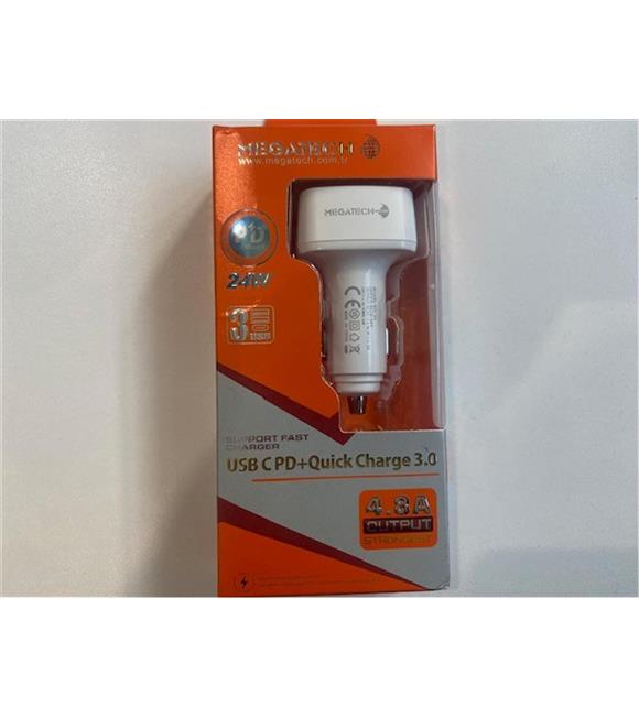 Megatech MTC-05  Beyaz 24W 4.8A 2 USB 1 PD Araç Çakmaklık Şarj Başlığı Hızlı Şarj