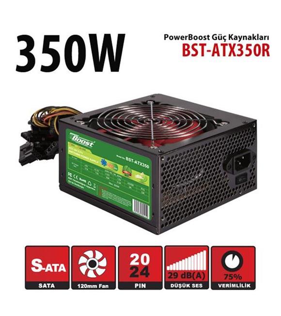 PowerBoost BST-ATX350R 350w, PPFC 12cm Kırmızı Fanlı ATX PSU (Retail Box)