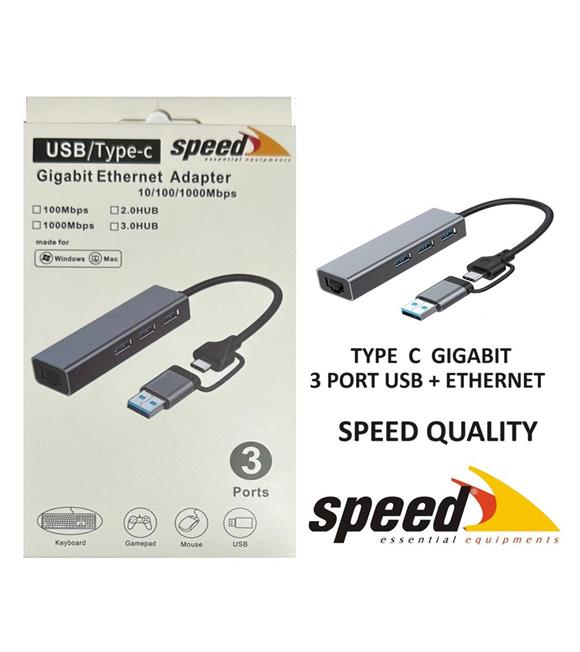 Speed UET01 10-100-1000 USB - Type c 3 Port USB 3.0 Çoklayıcı Gigabit Ethernet Çevirici