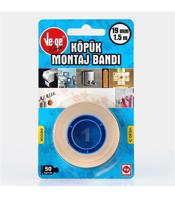 Vege Çift Taraflı Köpük Bant 19 MM x 1,5 Mt (1)