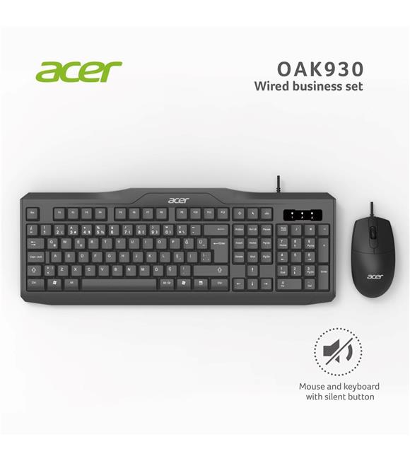 Acer OAK-930 Kablolu Sessiz Tuşlu  Klavye Moue Set Siyah (Klavye 1,40Cm-Mouse 1.60Cm Kablo)