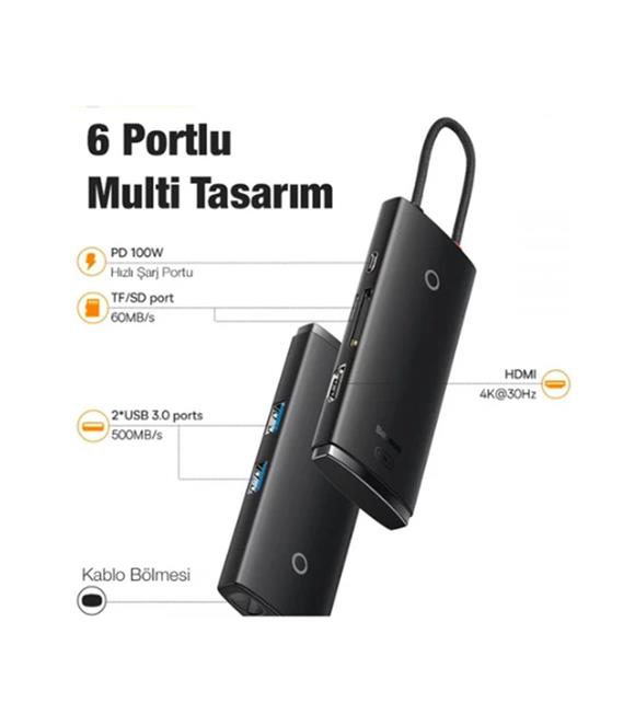 Baseus WKQX050101 Örgülü Kablo Type-C 6ın1 Hub (2Usb 3.0 -Hdmı-Sd-TF-Type-C)