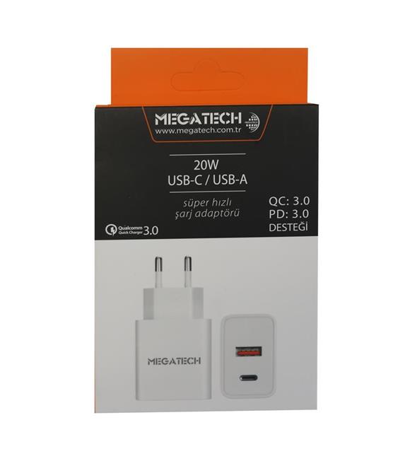 Megatech 20w Beyaz USB-C USB-A  Şarj Kafa QC:3.0-PD:3.0