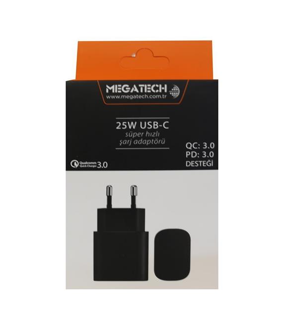 Megatech 25w Siyah USB-C  Şarj Kafa QC:3.0-PD:3.0