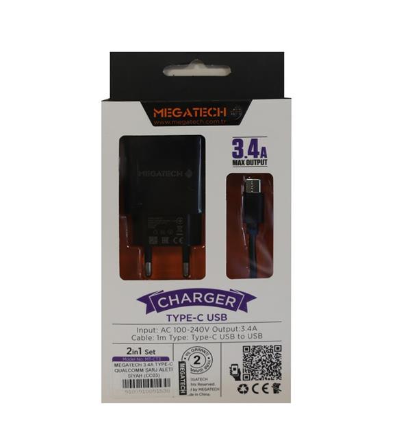 MEGATECH 3.4A TYPE-C GUALCOMM SARJ ALETİ SİYAH