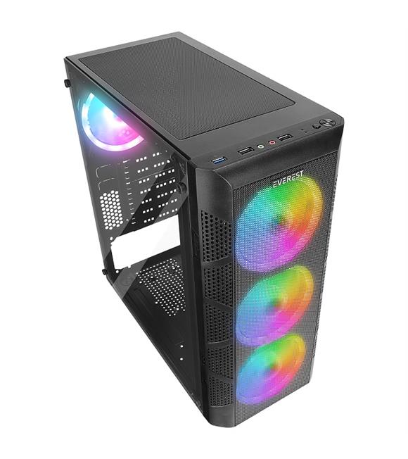 Everest CREST V1 Mesh Temperli Camlı 4x12cm Auto RGB Fan ATX Mid-T Gaming Oyuncu Kasası_2