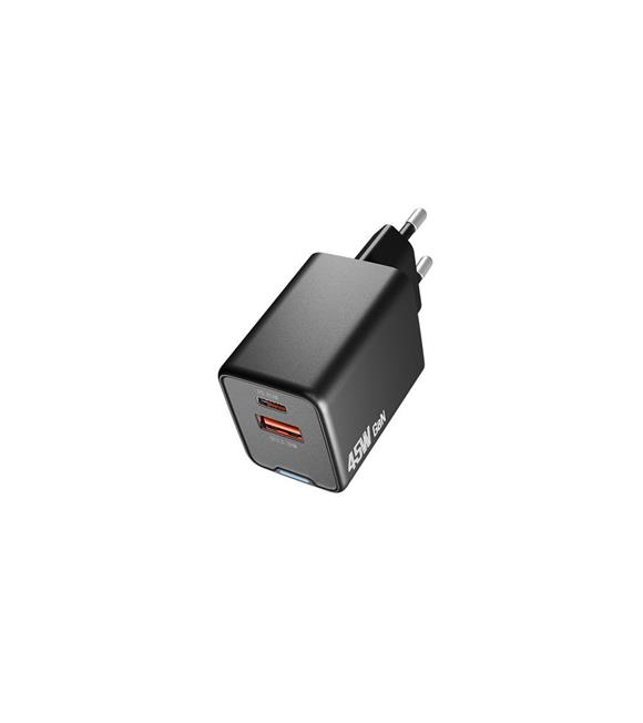 Hytech HY-XEG45 Type USB-C 45W PD + 18W USB QC 3.0 GAN Siyah Hızlı Ev Şarj Adaptörü