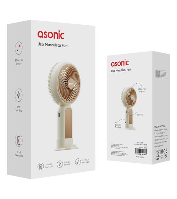 Asonic AFN21 Krem 250mAh Dahili Pil Elde Taşınabilir Masaüstü Usb Fan Şarjlı Type-c Şarj
