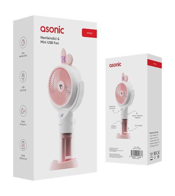 Asonic AFN26 Beyaz 500mAh 2 Kademe (Püskürtme Fonksiyon) Nemlendirici Sprey USB Fan Şarjlı