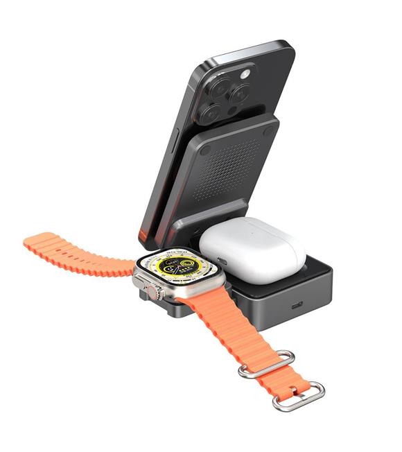 S-link SW-CWF116 Siyah Telefon Kulaklık Akıllı Saat 15W 3 in 1 Magsafe Qi2 Kablosuz Şarj Cihazı