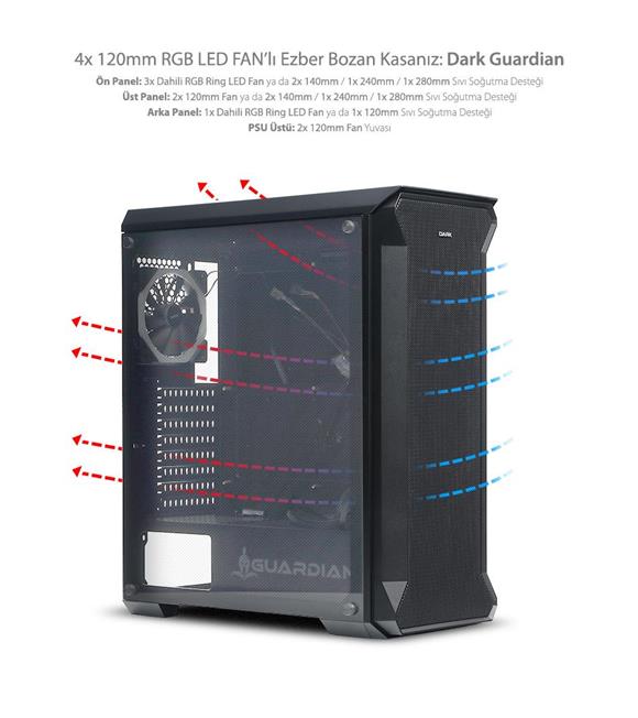 Dark GUARDIAN 4x12cm Dual RGB Fan USB3.0 T-Glass ATX Oyuncu Kasası
