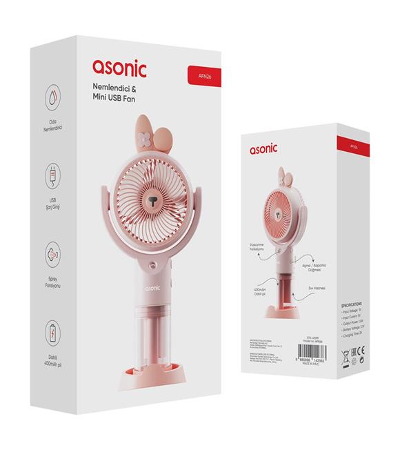 Asonic AFN26 Pembe 500mAh 2 Kademe Nemlendirici Sprey USB Fan