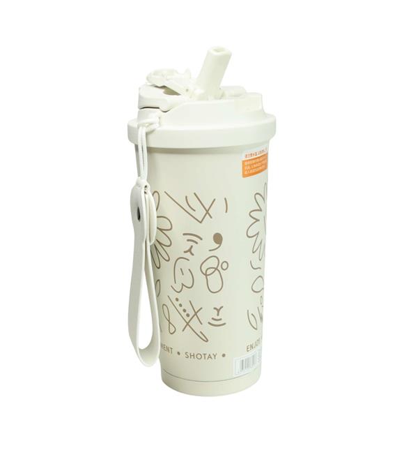 Shotay ST-8913 Çift Kullanım Pipetli/Rahat İçim Beyaz 500ml Çelik Termos