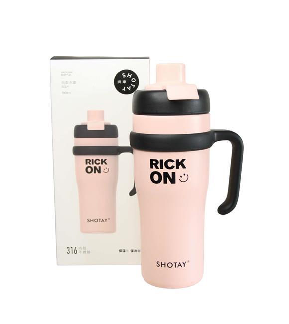 Shotay ST-8919 Çift Kullanım Pipetli/Rahat İçim Pembe 1000ml Çelik Termos