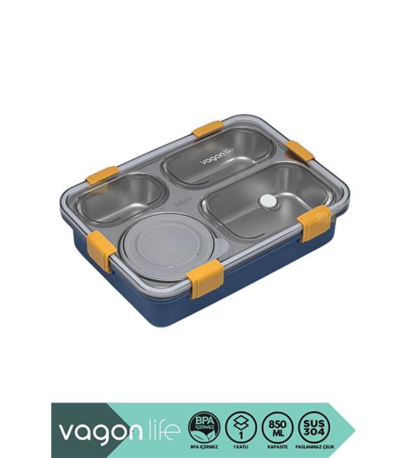 Vagonlife BL50433-1 850ml 4 Bölmeli Mavi Çelik Saklama Kabı