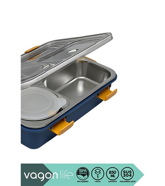 Vagonlife BL50433-1 850ml 4 Bölmeli Mavi Çelik Saklama Kabı